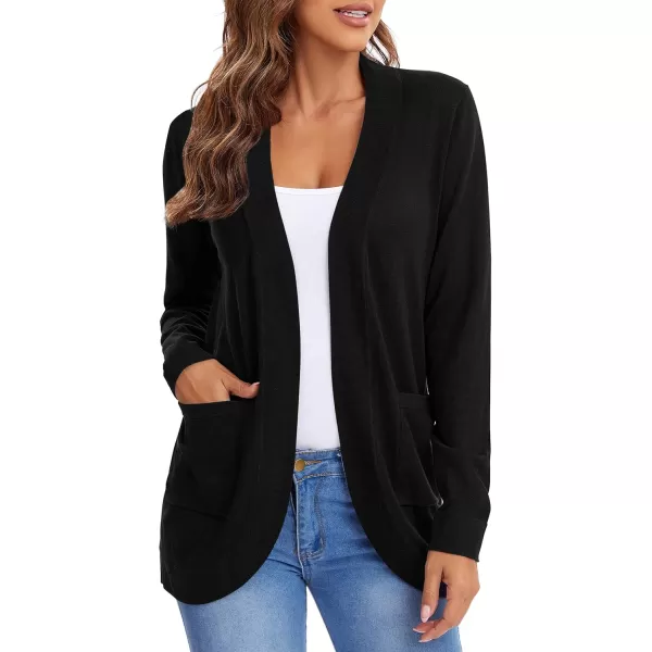 Urban CoCo Womens Long Sleeve Knit Sweater Cardigans Curved Hem Open Front with PocketsBlack