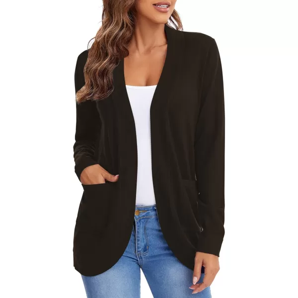 Urban CoCo Womens Long Sleeve Knit Sweater Cardigans Curved Hem Open Front with PocketsBrown