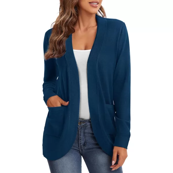 Urban CoCo Womens Long Sleeve Knit Sweater Cardigans Curved Hem Open Front with PocketsIndigo Blue