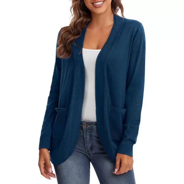 Urban CoCo Womens Long Sleeve Knit Sweater Cardigans Curved Hem Open Front with PocketsIndigo Blue