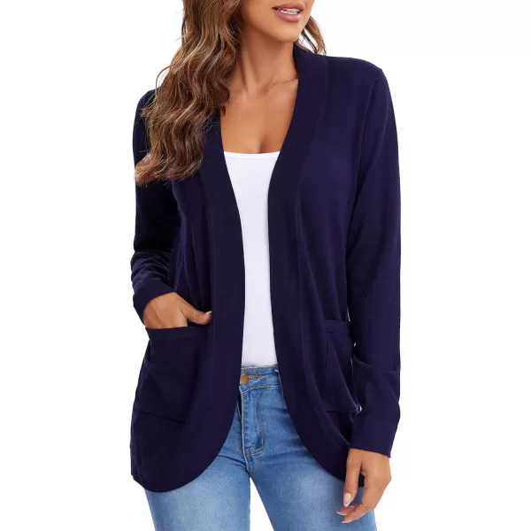 Urban CoCo Womens Long Sleeve Knit Sweater Cardigans Curved Hem Open Front with PocketsNavy Blue