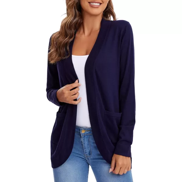 Urban CoCo Womens Long Sleeve Knit Sweater Cardigans Curved Hem Open Front with PocketsNavy Blue
