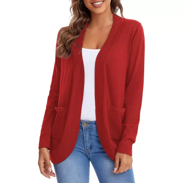 Urban CoCo Womens Long Sleeve Knit Sweater Cardigans Curved Hem Open Front with PocketsRed