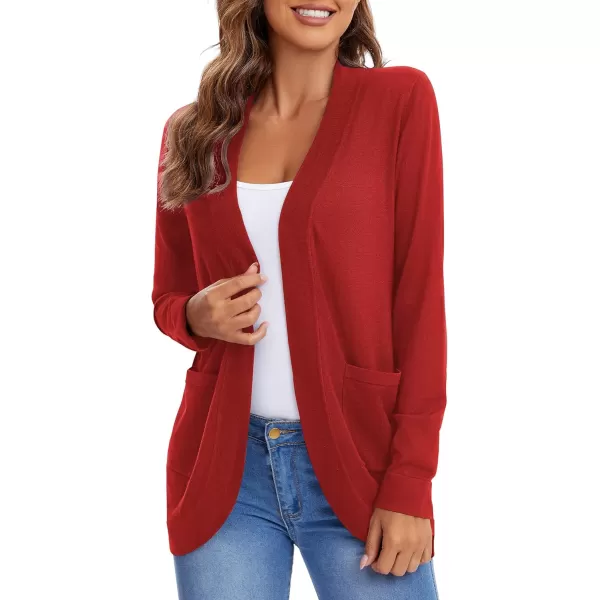 Urban CoCo Womens Long Sleeve Knit Sweater Cardigans Curved Hem Open Front with PocketsRed