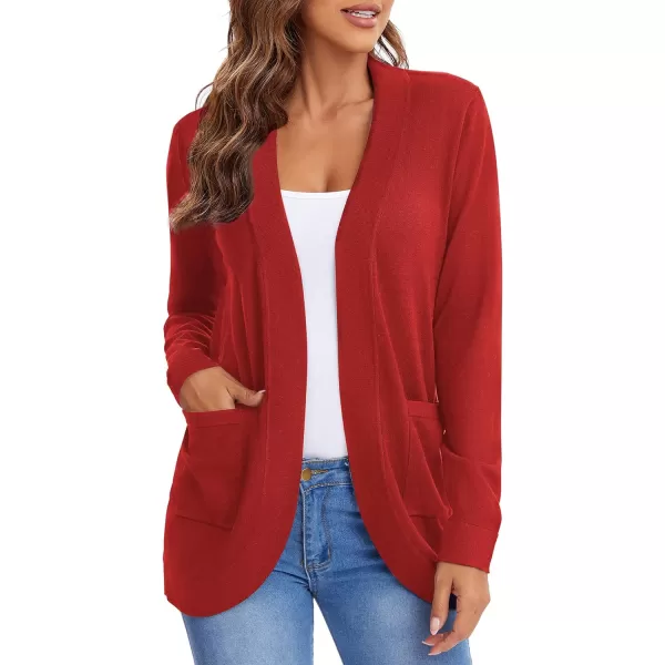 Urban CoCo Womens Long Sleeve Knit Sweater Cardigans Curved Hem Open Front with PocketsRed