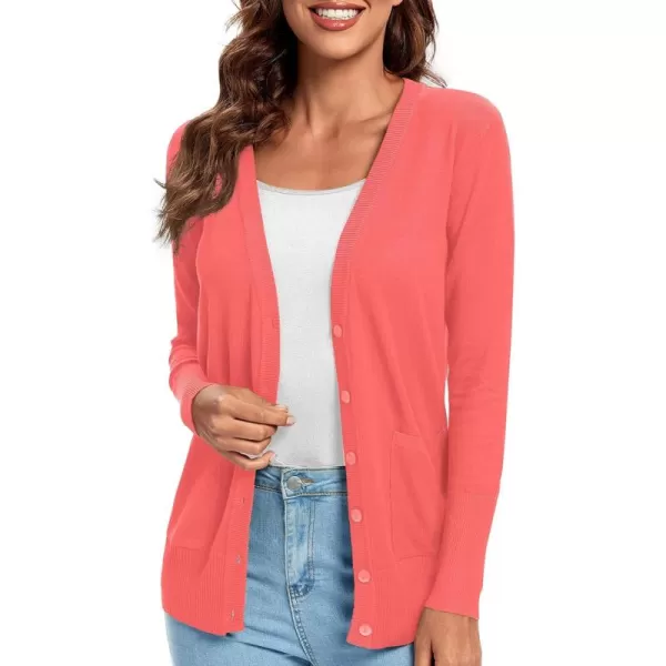 Urban CoCo Womens Lightweight Long Sleeve Knit Dressy Cardigan with Pockets Button Down Sweater BlazersCoral