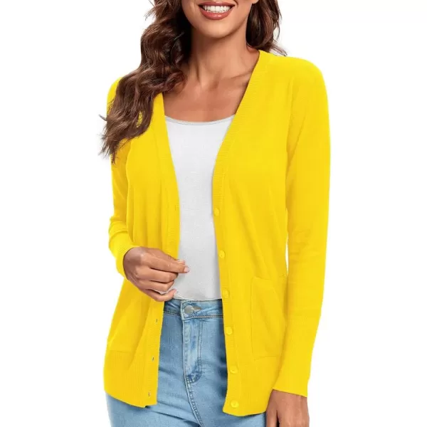 Urban CoCo Womens Lightweight Long Sleeve Knit Dressy Cardigan with Pockets Button Down Sweater BlazersLemon Yellow