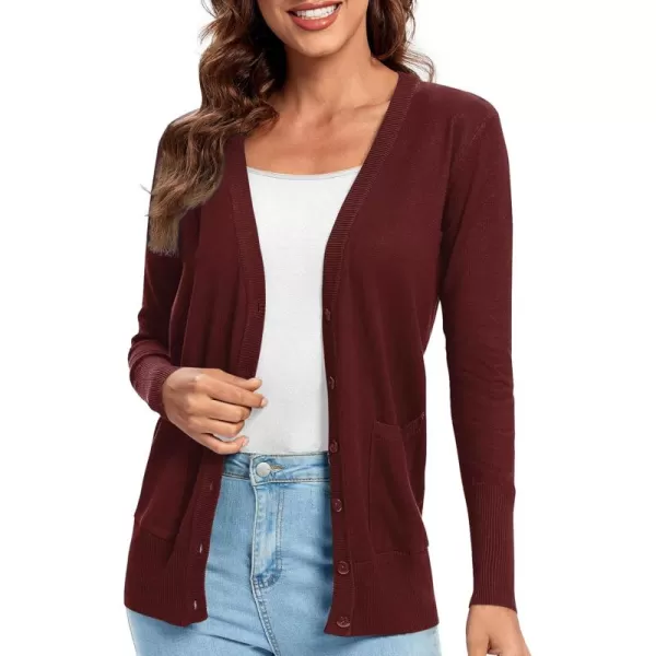 Urban CoCo Womens Lightweight Long Sleeve Knit Dressy Cardigan with Pockets Button Down Sweater BlazersWine Red