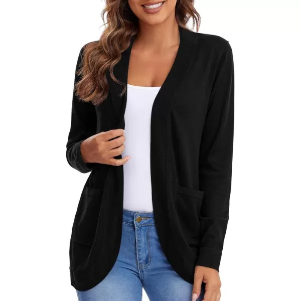 Urban CoCo Womens Long Sleeve Knit Sweater Cardigans Curved Hem Open Front with PocketsBlack