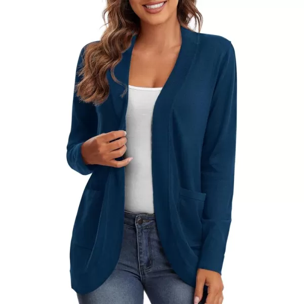 Urban CoCo Womens Long Sleeve Knit Sweater Cardigans Curved Hem Open Front with PocketsIndigo Blue