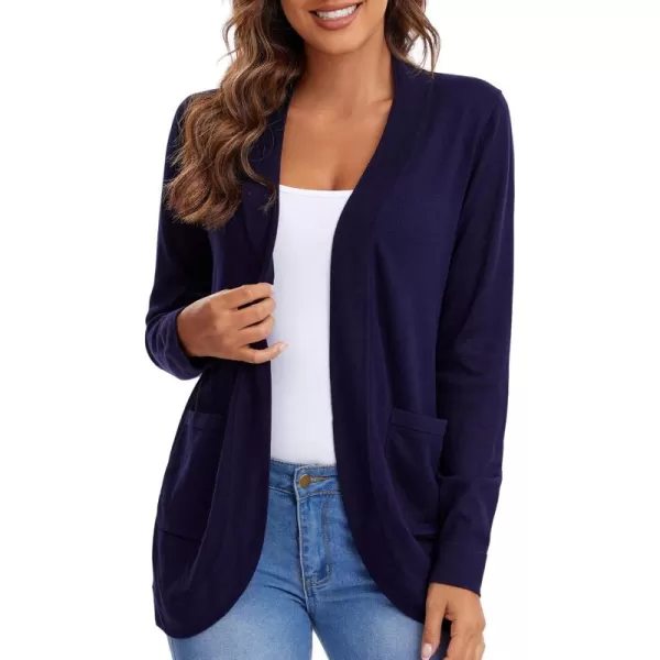 Urban CoCo Womens Long Sleeve Knit Sweater Cardigans Curved Hem Open Front with PocketsNavy Blue