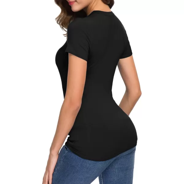 Urban CoCo Womens Basic Slim Fitted Tee Tops Short Sleeve Stretchy Bodycon VNeck Tight TShirtBlack