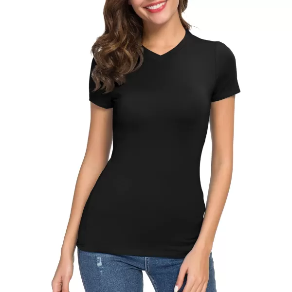 Urban CoCo Womens Basic Slim Fitted Tee Tops Short Sleeve Stretchy Bodycon VNeck Tight TShirtBlack