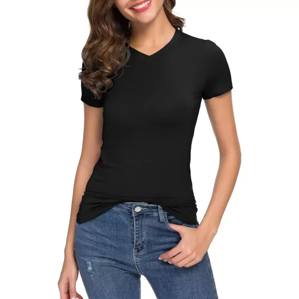 Urban CoCo Womens Basic Slim Fitted Tee Tops Short Sleeve Stretchy Bodycon VNeck Tight TShirtBlack