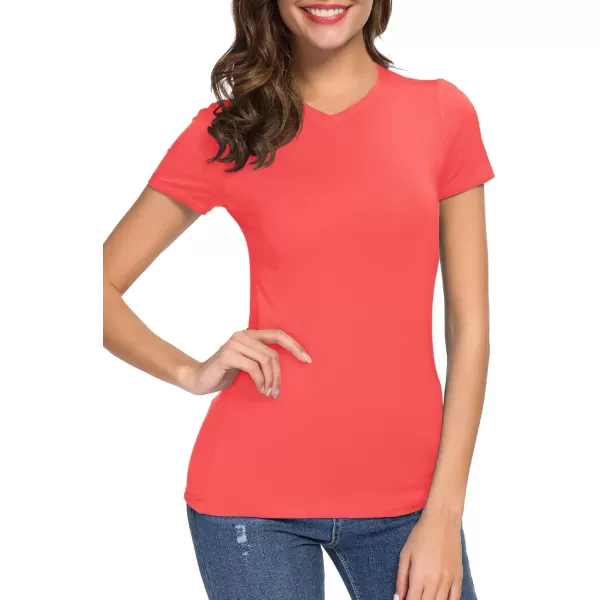 Urban CoCo Womens Basic Slim Fitted Tee Tops Short Sleeve Stretchy Bodycon VNeck Tight TShirtCoral