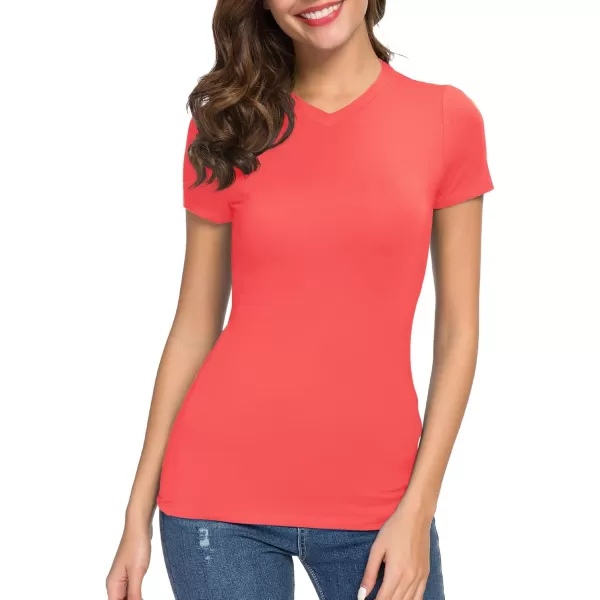 Urban CoCo Womens Basic Slim Fitted Tee Tops Short Sleeve Stretchy Bodycon VNeck Tight TShirtCoral