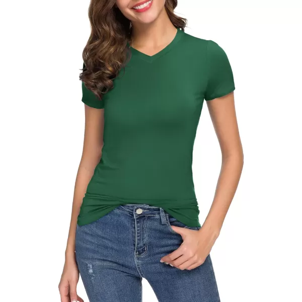 Urban CoCo Womens Basic Slim Fitted Tee Tops Short Sleeve Stretchy Bodycon VNeck Tight TShirtDark Green