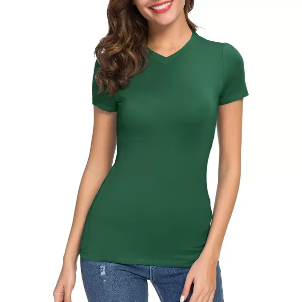Urban CoCo Womens Basic Slim Fitted Tee Tops Short Sleeve Stretchy Bodycon VNeck Tight TShirtDark Green