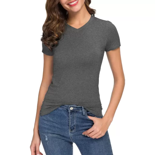 Urban CoCo Womens Basic Slim Fitted Tee Tops Short Sleeve Stretchy Bodycon VNeck Tight TShirtDark Grey