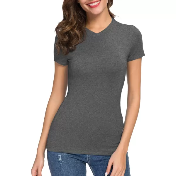 Urban CoCo Womens Basic Slim Fitted Tee Tops Short Sleeve Stretchy Bodycon VNeck Tight TShirtDark Grey