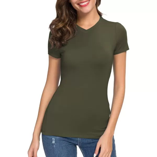 Urban CoCo Womens Basic Slim Fitted Tee Tops Short Sleeve Stretchy Bodycon VNeck Tight TShirtGreen
