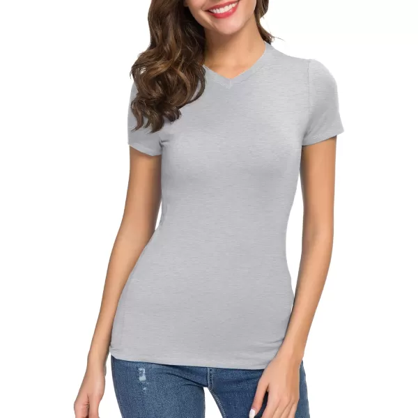 Urban CoCo Womens Basic Slim Fitted Tee Tops Short Sleeve Stretchy Bodycon VNeck Tight TShirtHeather Grey