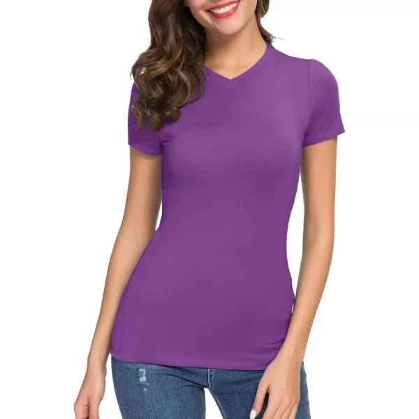 Urban CoCo Womens Basic Slim Fitted Tee Tops Short Sleeve Stretchy Bodycon VNeck Tight TShirtLight Purple