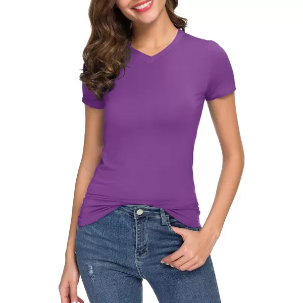 Urban CoCo Womens Basic Slim Fitted Tee Tops Short Sleeve Stretchy Bodycon VNeck Tight TShirtLight Purple
