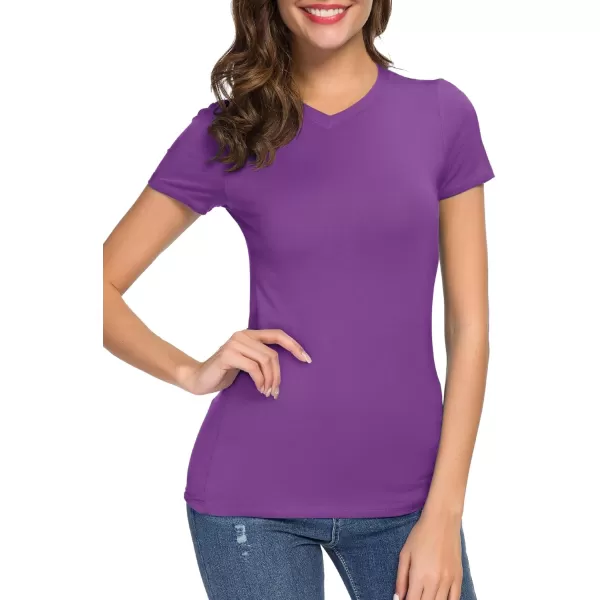 Urban CoCo Womens Basic Slim Fitted Tee Tops Short Sleeve Stretchy Bodycon VNeck Tight TShirtLight Purple