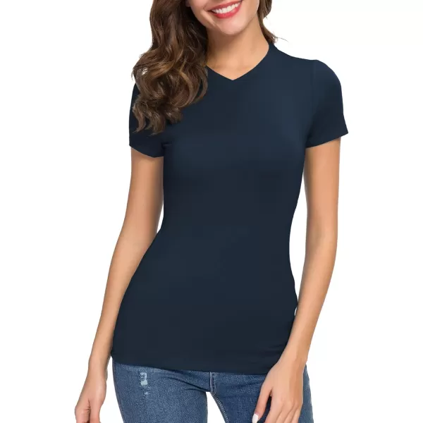 Urban CoCo Womens Basic Slim Fitted Tee Tops Short Sleeve Stretchy Bodycon VNeck Tight TShirtNavy Blue