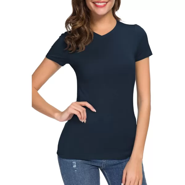 Urban CoCo Womens Basic Slim Fitted Tee Tops Short Sleeve Stretchy Bodycon VNeck Tight TShirtNavy Blue