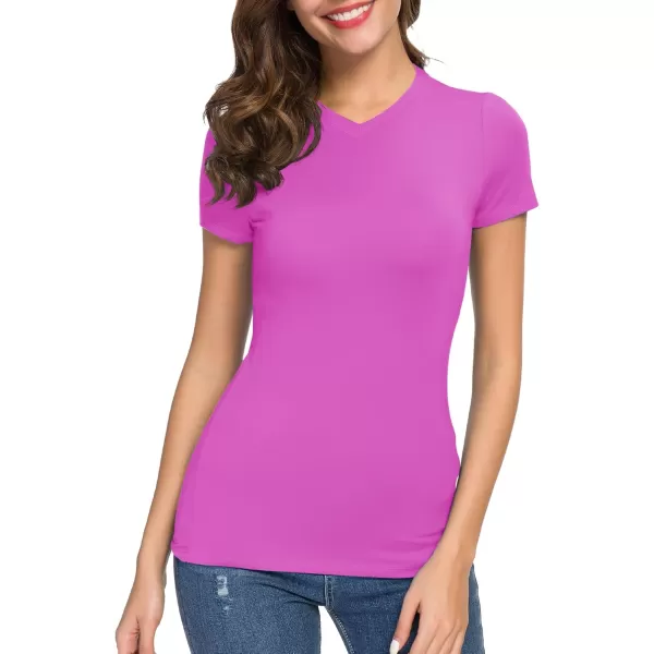Urban CoCo Womens Basic Slim Fitted Tee Tops Short Sleeve Stretchy Bodycon VNeck Tight TShirtPink Orchid