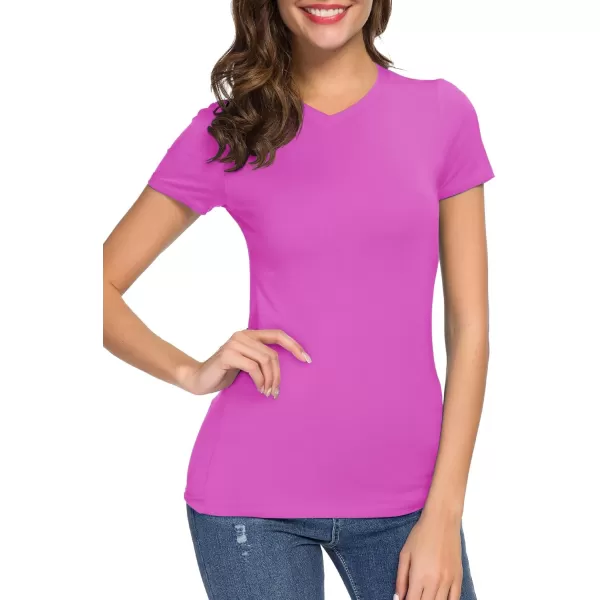 Urban CoCo Womens Basic Slim Fitted Tee Tops Short Sleeve Stretchy Bodycon VNeck Tight TShirtPink Orchid