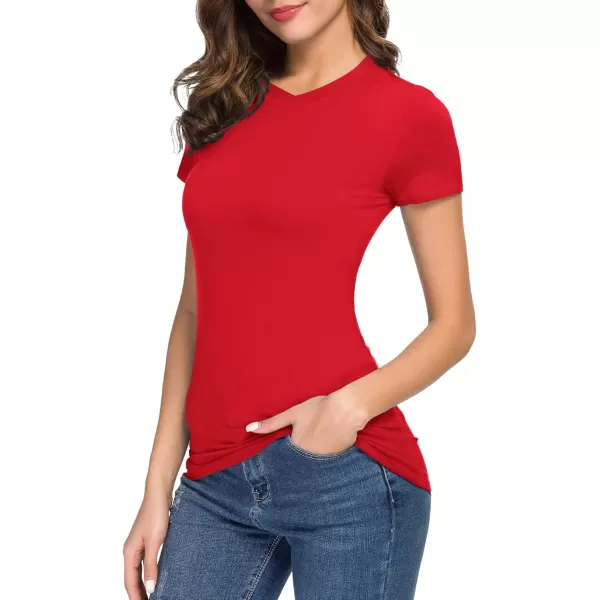 Urban CoCo Womens Basic Slim Fitted Tee Tops Short Sleeve Stretchy Bodycon VNeck Tight TShirtRed
