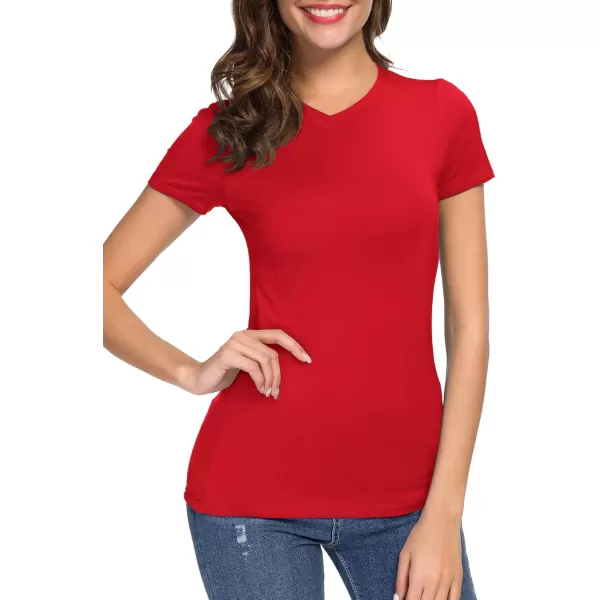 Urban CoCo Womens Basic Slim Fitted Tee Tops Short Sleeve Stretchy Bodycon VNeck Tight TShirtRed