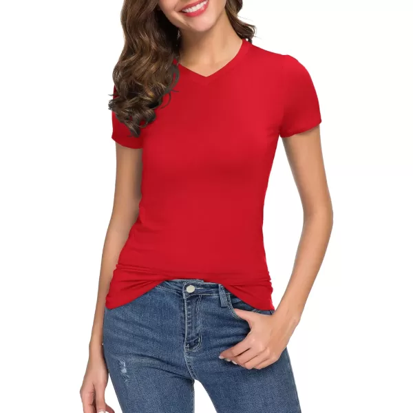 Urban CoCo Womens Basic Slim Fitted Tee Tops Short Sleeve Stretchy Bodycon VNeck Tight TShirtRed