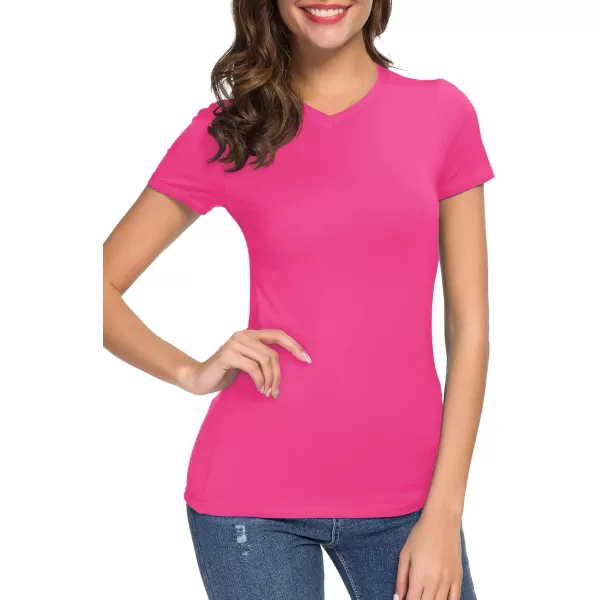 Urban CoCo Womens Basic Slim Fitted Tee Tops Short Sleeve Stretchy Bodycon VNeck Tight TShirtRose