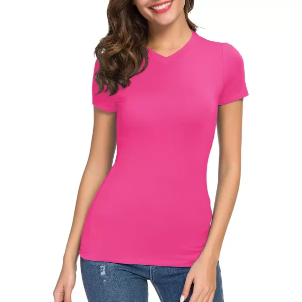 Urban CoCo Womens Basic Slim Fitted Tee Tops Short Sleeve Stretchy Bodycon VNeck Tight TShirtRose