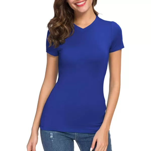 Urban CoCo Womens Basic Slim Fitted Tee Tops Short Sleeve Stretchy Bodycon VNeck Tight TShirtRoyal Blue