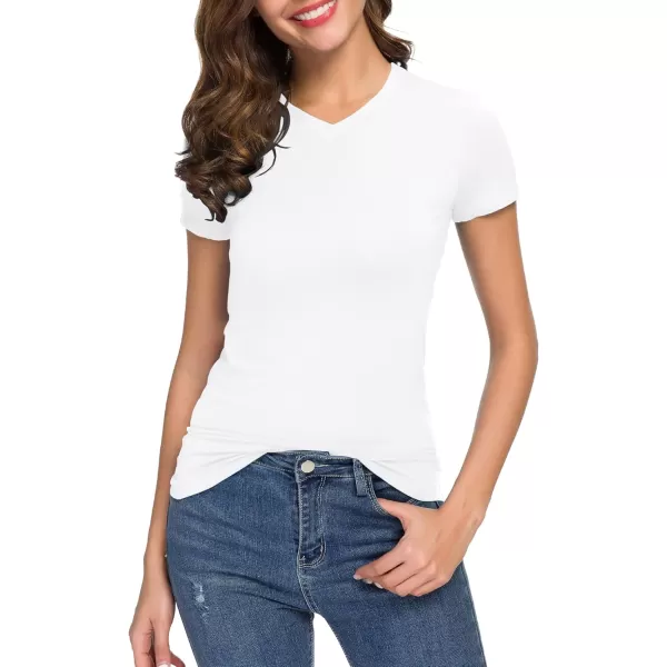 Urban CoCo Womens Basic Slim Fitted Tee Tops Short Sleeve Stretchy Bodycon VNeck Tight TShirtWhite