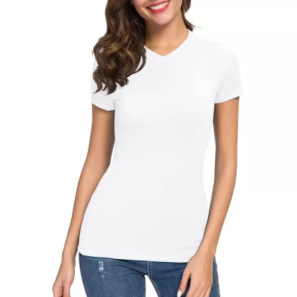Urban CoCo Womens Basic Slim Fitted Tee Tops Short Sleeve Stretchy Bodycon VNeck Tight TShirtWhite
