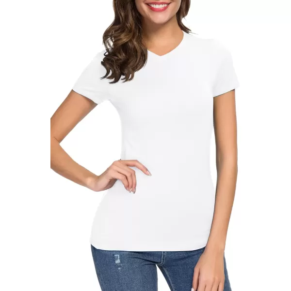 Urban CoCo Womens Basic Slim Fitted Tee Tops Short Sleeve Stretchy Bodycon VNeck Tight TShirtWhite