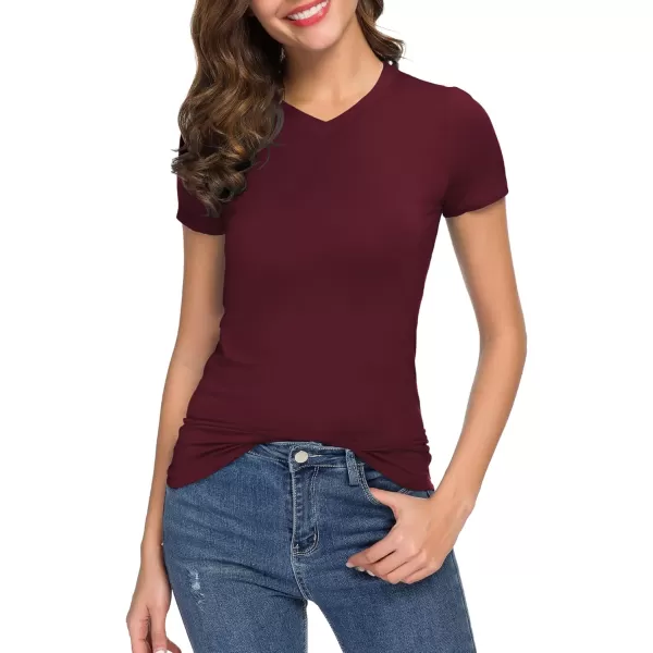 Urban CoCo Womens Basic Slim Fitted Tee Tops Short Sleeve Stretchy Bodycon VNeck Tight TShirtWine Red