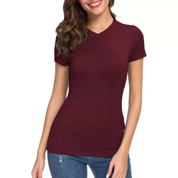 Urban CoCo Womens Basic Slim Fitted Tee Tops Short Sleeve Stretchy Bodycon VNeck Tight TShirtWine Red