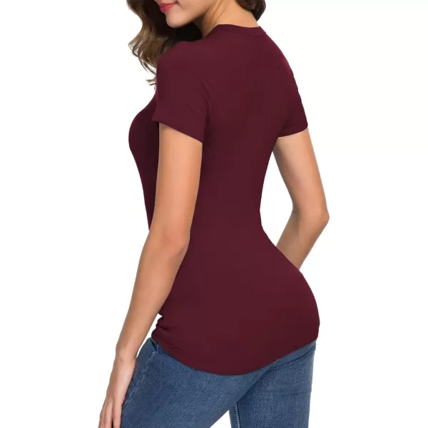 Urban CoCo Womens Basic Slim Fitted Tee Tops Short Sleeve Stretchy Bodycon VNeck Tight TShirtWine Red