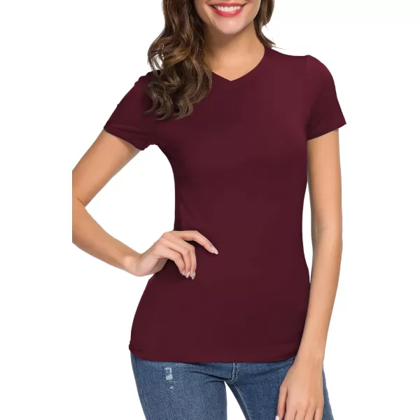 Urban CoCo Womens Basic Slim Fitted Tee Tops Short Sleeve Stretchy Bodycon VNeck Tight TShirtWine Red