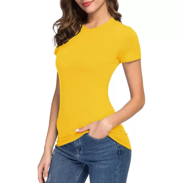 Urban CoCo Womens Basic Slim Fitted Tee Tops Short Sleeve Stretchy Bodycon VNeck Tight TShirtYellow
