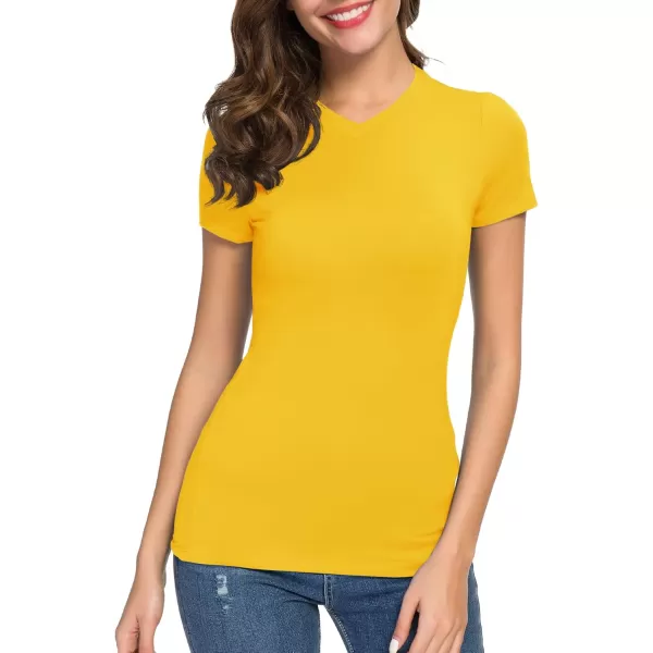 Urban CoCo Womens Basic Slim Fitted Tee Tops Short Sleeve Stretchy Bodycon VNeck Tight TShirtYellow