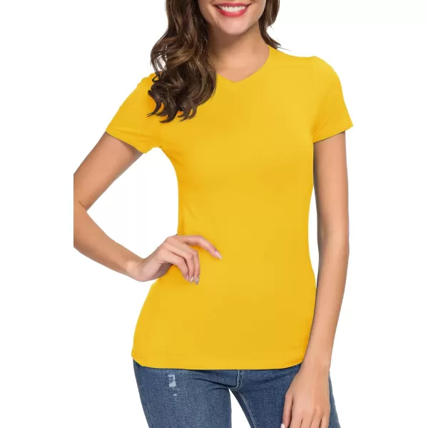 Urban CoCo Womens Basic Slim Fitted Tee Tops Short Sleeve Stretchy Bodycon VNeck Tight TShirtYellow