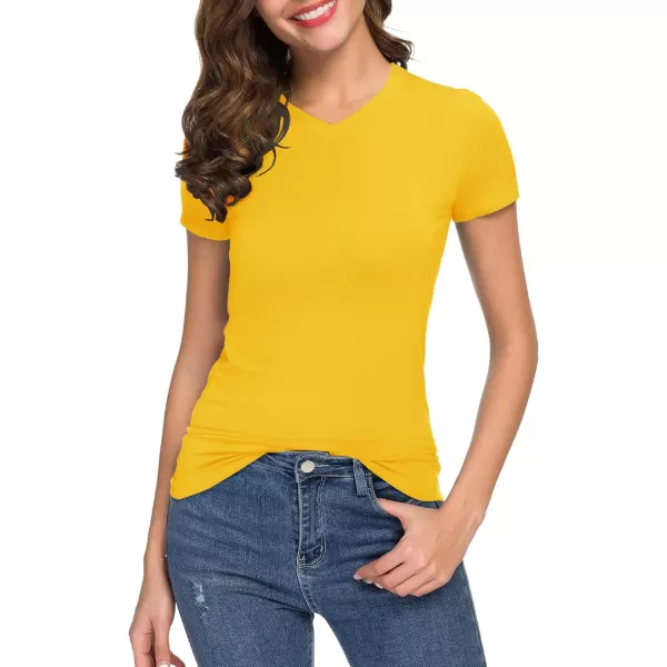 Urban CoCo Womens Basic Slim Fitted Tee Tops Short Sleeve Stretchy Bodycon VNeck Tight TShirtYellow